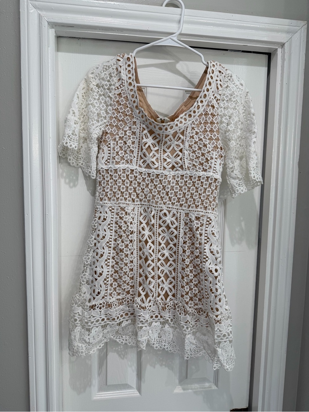 Vici White Lace Overlay Wedding Dress with Nude Lining
